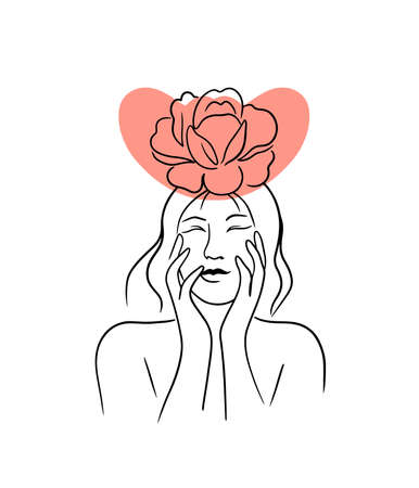 Beautiful line drawn abstract woman with a flower on her head, modern style isolated vector illustrationのイラスト素材