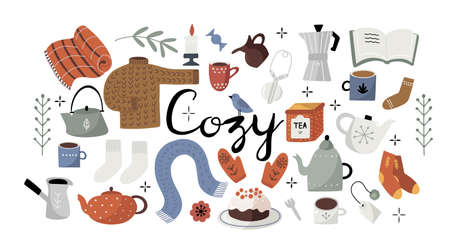 Set of hand drawn cute cozy time objects in cartoon flat style, isolated vector illustrationsのイラスト素材