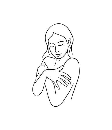 Beautiful line drawn woman gently hugging her shoulders, modern style isolated vector illustrationのイラスト素材