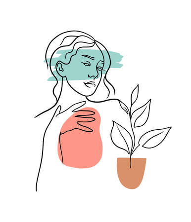 Beautiful line drawn abstract woman with a plant,  modern style isolated vector illustrationのイラスト素材