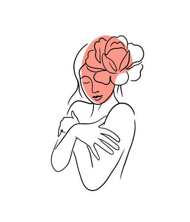 Beautiful line drawn woman gently hugging her shoulders, with peony flower in her hair, modern style isolated vector illustrationのイラスト素材