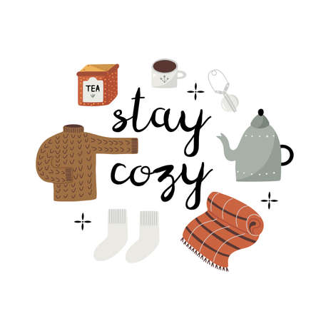 Cute hand drawn poster with comfortable cozy sweater, plaid blanket, tea and warm socks, with text lettering - Stay cozy, flat styled isolated vector illustrationのイラスト素材