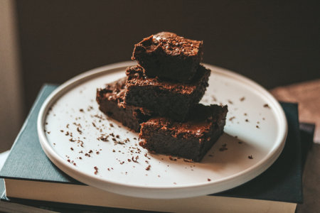 Homemade chocolate brownies on a white plate. Selective focus.の写真素材