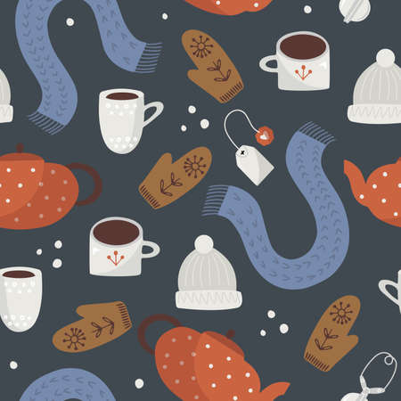 Hand drawn vector seamless pattern with cozy scarfs and mittens, woolen hats, mugs and cupsのイラスト素材