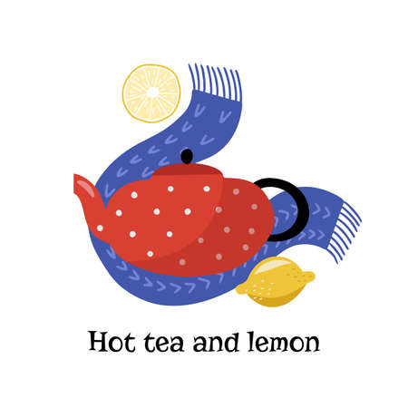Rustic teapot with scarf and lemons, concept of warming up or curing sore throat with lemon tea. Isolated vector illustrationのイラスト素材
