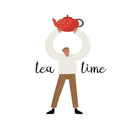 Cute guy in home clothes with red russian style old kettle and text lettering - tea time. Hand drawn isolated vector illustrationのイラスト素材