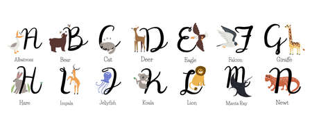 Set with English alphabet, with animal names from a to n. Hand drawn cute childish animals and capital calligraphy letters in cartoon flat design, isolated on white vector illustrationsのイラスト素材