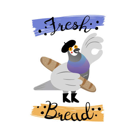 Fresh Bread funny sign with hand drawn pigeon dressed like mime, holding a French  baguette and showing ok sign with wing. Flat style isolated vector illustrationのイラスト素材