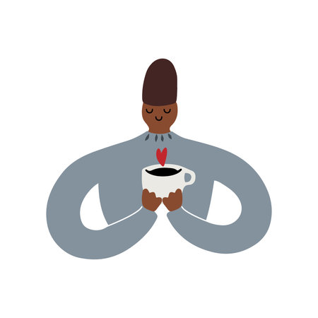 Hand drawn doodle black man enjoying freshly brewed coffee. Isolated vector illustrationのイラスト素材
