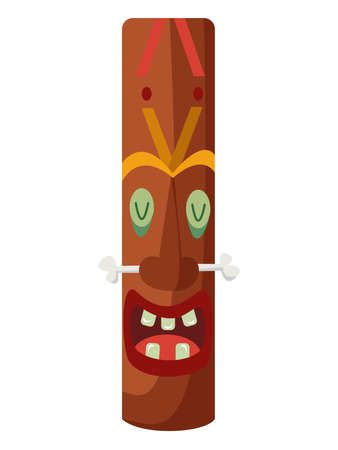 Funny Tiki wooden mask with bone in nose, smiling totem. Flat design vector illustrationのイラスト素材