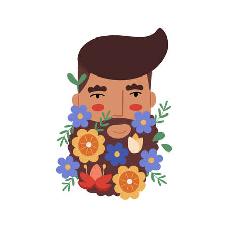 Cute man with flowers in his beard, flat style vector illustrationのイラスト素材