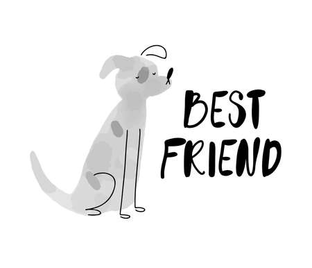 Poster or a card with minimalistic watercolor style dog and text Best friend. Isolated vector illustrationのイラスト素材