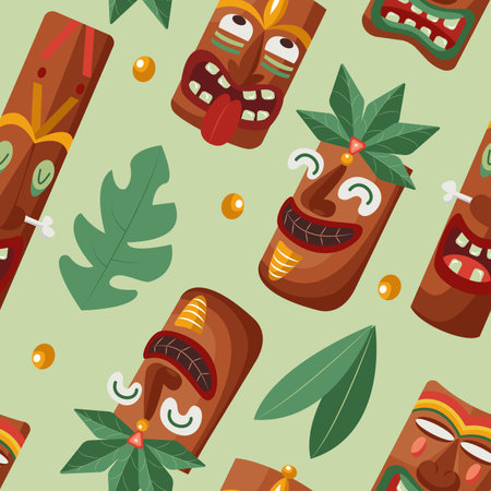 Hand drawn vector seamless pattern with different diagonal Tiki masks with palm leavesのイラスト素材