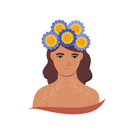 Cute girl with flowers in her hair, flat style vector illustrationのイラスト素材
