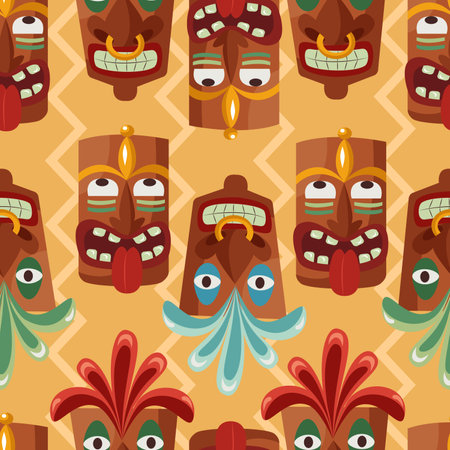 Hand drawn vector seamless pattern with smiling Tiki masksのイラスト素材