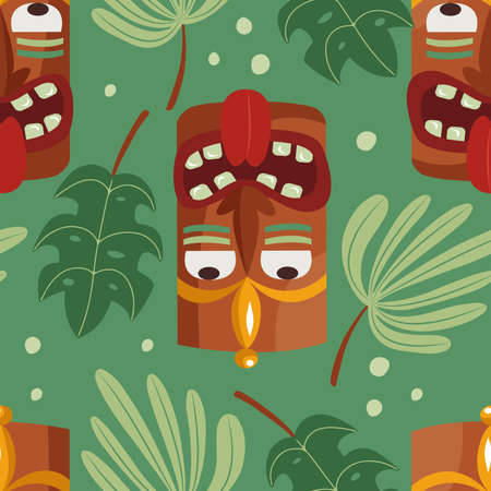 Hand drawn vector seamless pattern with happy Tiki masks in the jungleのイラスト素材