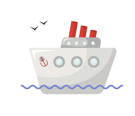 Cute hand drawn cruise ship in cartoon flat style. Isolated vector illustrationのイラスト素材