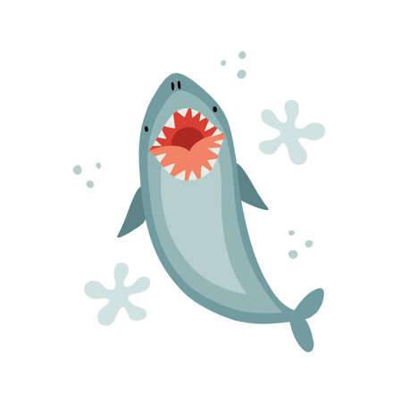 Cute hand drawn shark with open wide mouth, full of teeth. Isolated vector illustration in flat cartoon styleのイラスト素材