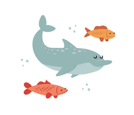Hand drawn cute dolphin and fish, swimming together. Isolated vector illustration in flat cartoon styleのイラスト素材
