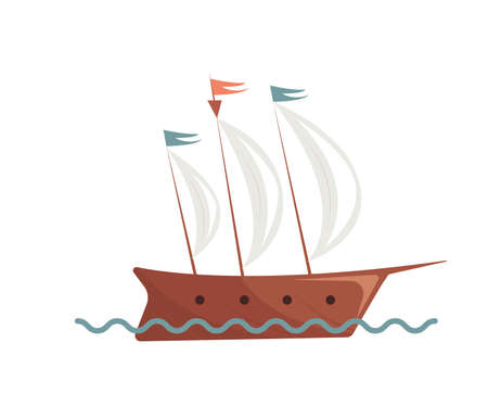 Hand drawn cute frigate ship, isolated vector illustration in flat styleのイラスト素材