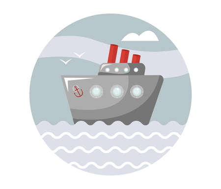 Cute hand drawn circle icon with cruise ship in cartoon flat style. Isolated vector illustrationのイラスト素材