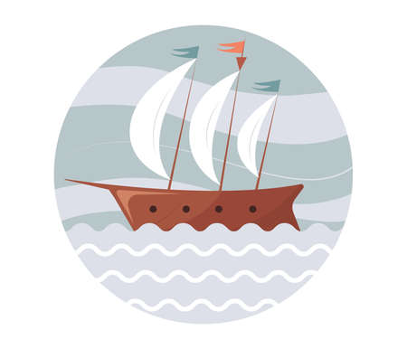 Hand drawn cute frigate ship in circle icon, isolated vector illustration in flat styleのイラスト素材
