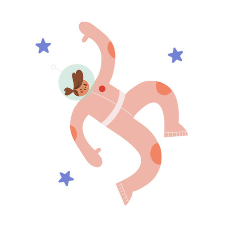 Hand drawn cute astronaut in pink spacesuit, flat vector illustration in cartoon styleのイラスト素材