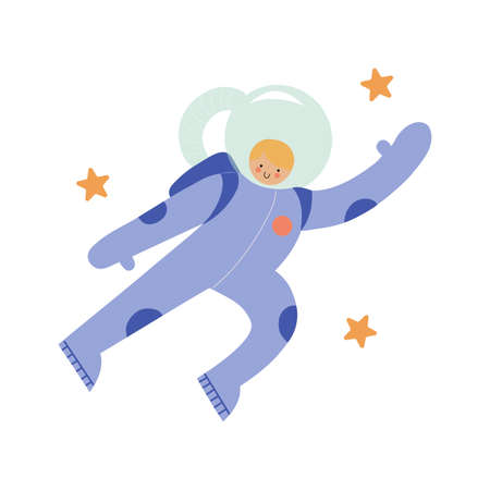 Hand drawn cute boy astronaut in blue spacesuit, flat vector illustration in cartoon styleのイラスト素材