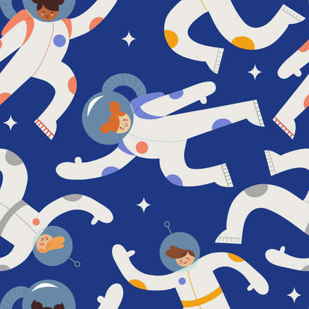 Hand drawn vector seamless pattern with cute kids astronauts flying in spaceのイラスト素材