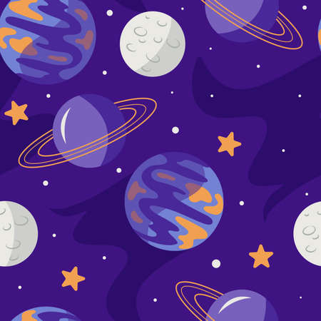 Hand drawn vector seamless pattern with cute planets in open spaceのイラスト素材