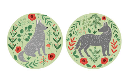 Hand drawn circle shape icons with cute wolfs  in flowers and plants, flat style vector illustrationのイラスト素材