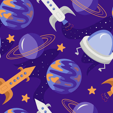 Hand drawn vector seamless pattern with space ships and planets in open spaceのイラスト素材