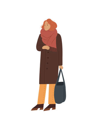 Hand drawn lady in modern warm long coat standing and holding a bag, isolated vector illustration in flat styleのイラスト素材