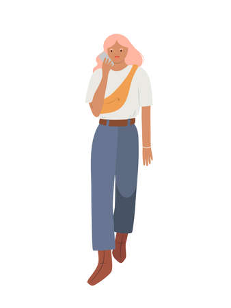 Hand drawn woman or teen girl in casual oversize clothes walking and talking on the phone, isolated vector illustration in flat styleのイラスト素材