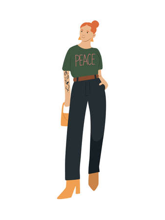 Hand drawn woman or teen girl in casual hipster clothes standing tall, isolated vector illustration in flat styleのイラスト素材