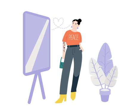 Cool teenager girl or woman, posing in front of the mirror, choosing outfits. Flat style vector illustrationのイラスト素材