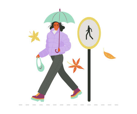 Lady with umbrella crossing the road, autumn season vibes with falling leaves. Flat style vector illustrationのイラスト素材