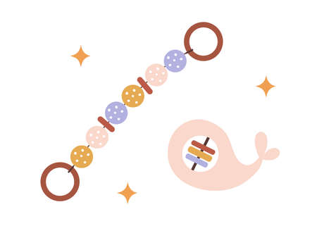 Hand drawn little wooden grasping toy or teether, Montessori baby toy. Isolated vector illustration in flat style.のイラスト素材
