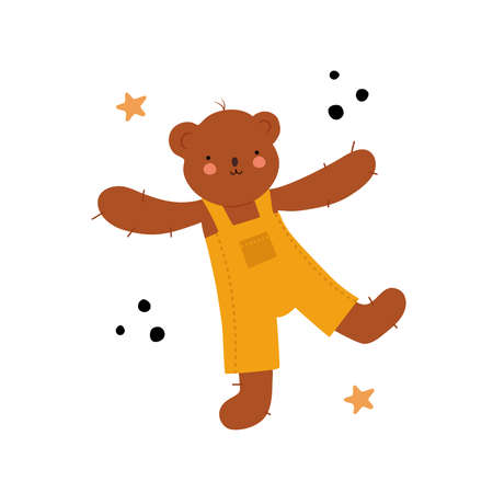 Hand drawn cute teddy bear in jumpsuit. Isolated vector illustrationのイラスト素材