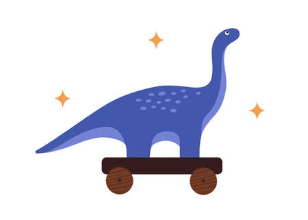Hand drawn little dinosaur toy on wheels Isolated vector illustration in flat style with wooden textureのイラスト素材