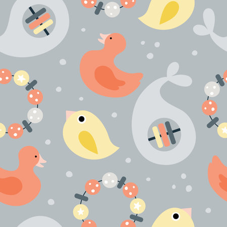 Hand drawn vector seamless pattern with cute toddler baby grasping toysのイラスト素材