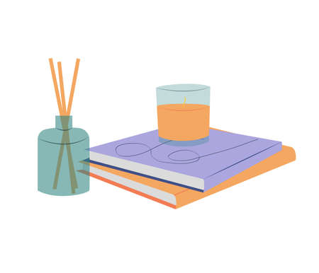 Interior decor with journals or books and aromatic home perfumed sticks and candle. Isolated vector illustrationのイラスト素材