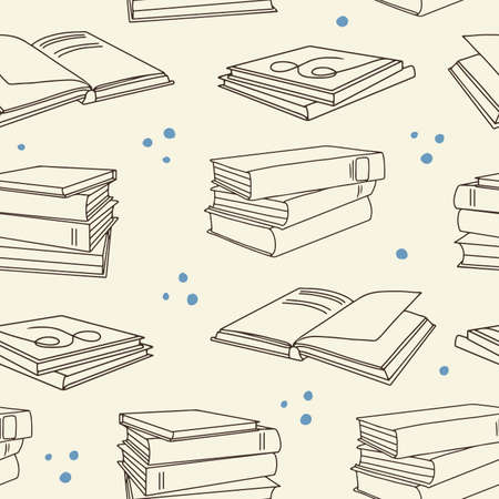 Hand drawn vector seamless pattern with stacks of books and textbooks in line art styleのイラスト素材