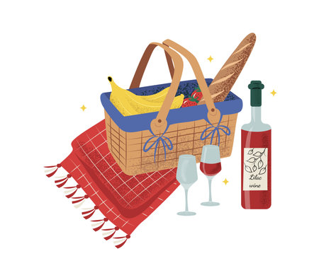 Hand drawn scenery with opened picnic basket on a plaid blanket with food, bananas, berries and baguette, wine bottle and wine glasses. Isolated on white, vector illustrationのイラスト素材