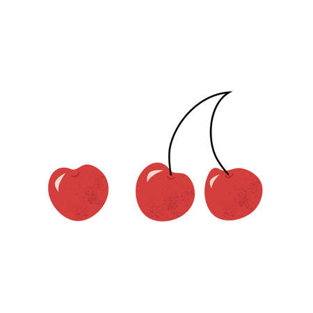 Sweet red whole cherries hand drawn vector illustration in flat style with grainy texture. Isolated on white background vector illustrationのイラスト素材