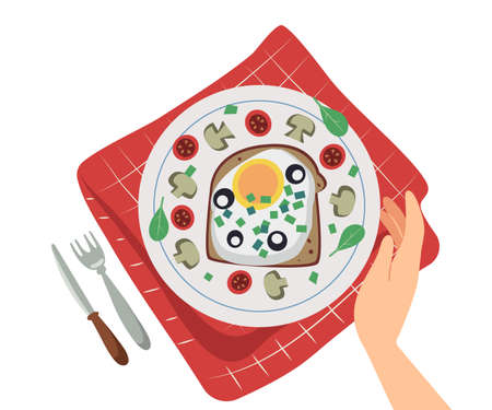 Breakfast egg toast with cherry tomatoes, olives and greens on a chekered cloth with human hand and tableware. Hand drawn flat lay on breakfast wth hand holding a plate. Isolated on white vector illustrationのイラスト素材