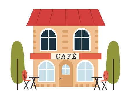 Cute and cozy cafe building, with tables outside. Hand drawn vector illustration, isolated on white backgroundのイラスト素材