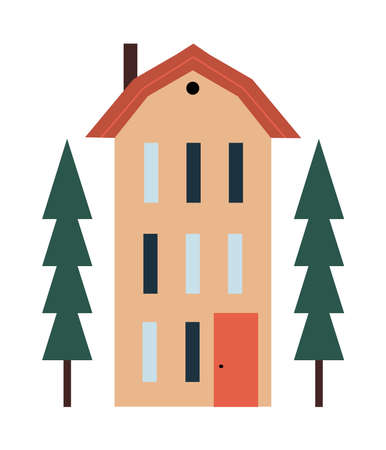 Simple and cute Scandinavian style house. Minimalistic building with fir trees. Isolated on white vector illustrationのイラスト素材