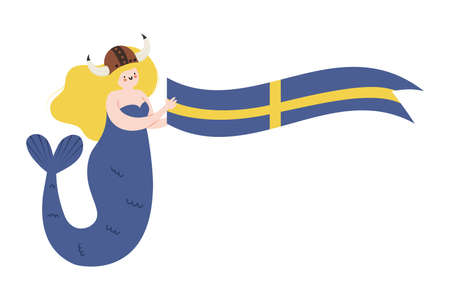 Hand drawn funny Mermaid wearing horned Viking's helmet and holding Swedish flag. Isolated on white vector illustration in flat styleのイラスト素材