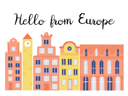 Cute row of European houses in classical old city style in bright colors. Buildings exterior vector illustration isolated on white backgroundのイラスト素材